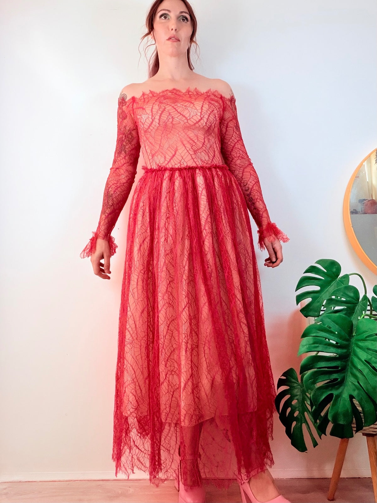 Vintage 1980s cocktail Dress Red Lace Off-Shoulder Maxi Dress Size 10