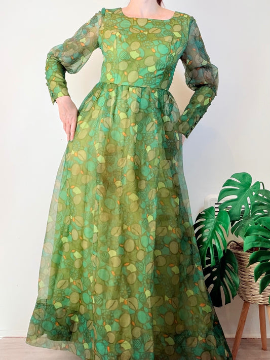 Vintage 1970s Maxi Dress with Green Leaf Print and Buttoned Cuffs Size 10