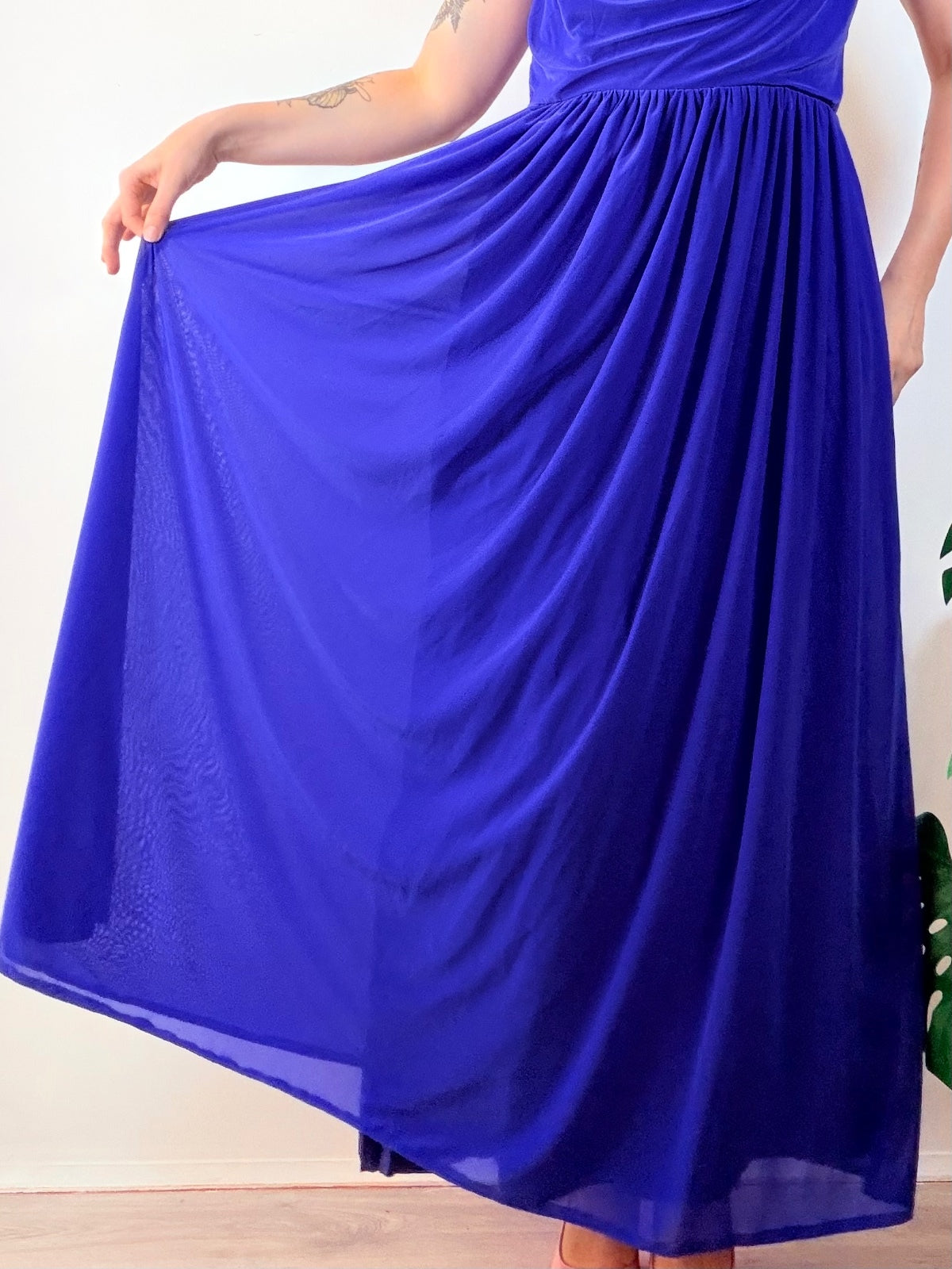 Vintage 1980s cocktail Dress Blue Maxi Party Gown with Draped Neckline Size 14