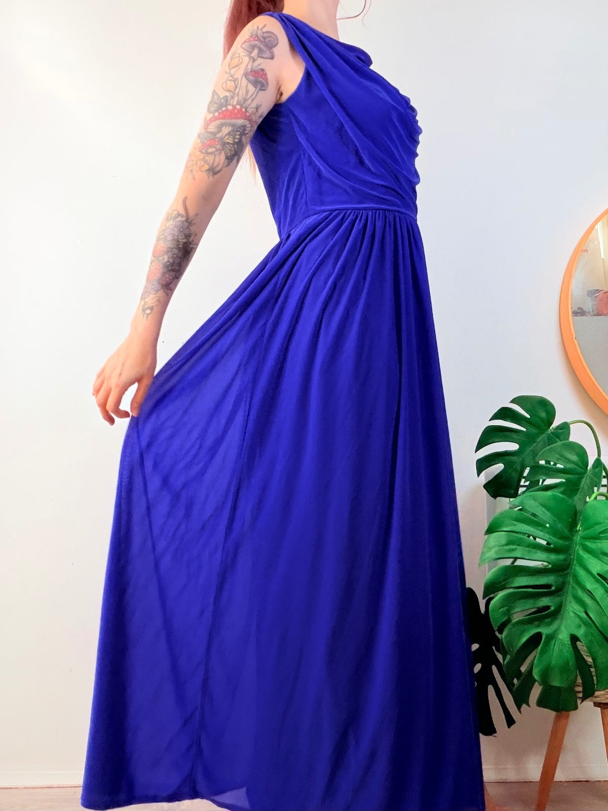 Vintage 1980s cocktail Dress Blue Maxi Party Gown with Draped Neckline Size 14