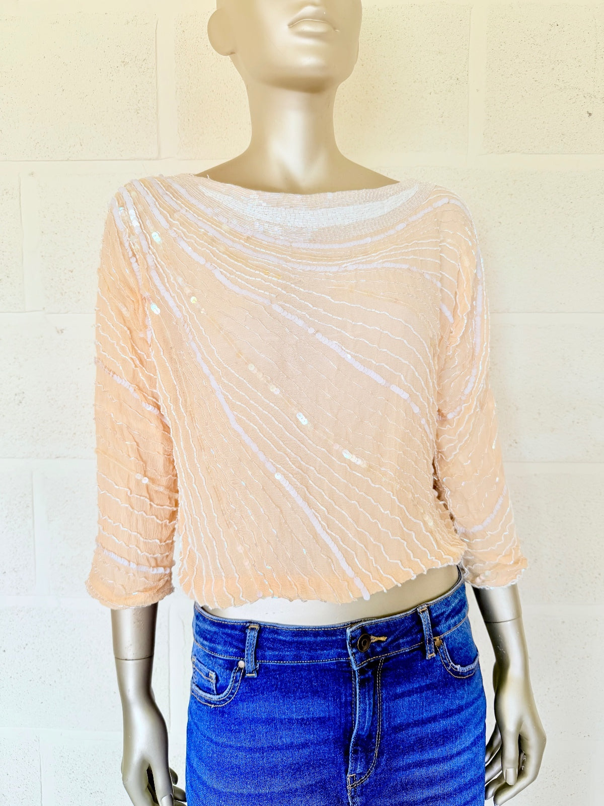 Vintage 1980s Beaded Top 100% Silk Beige Sequin Embellished 3/4 Sleeve Top 10 12