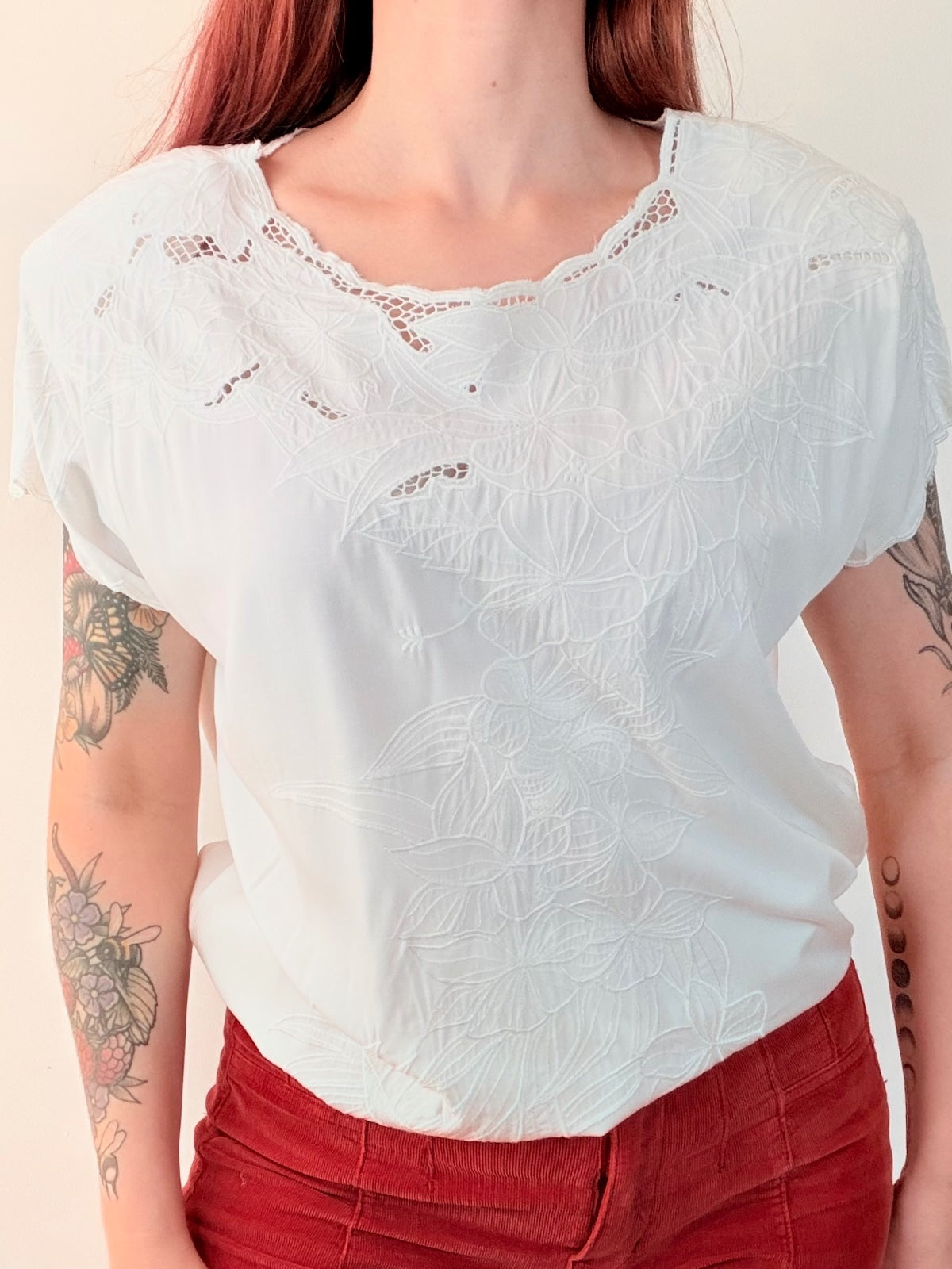 Vintage 1990s Embroidered Tunic Top with Lace Detail Size 16 to 18