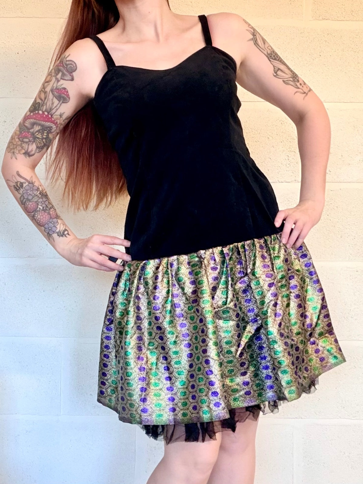 Vintage 1980s Party Dress Black Velvet with Patterned Skirt Dress Size 12