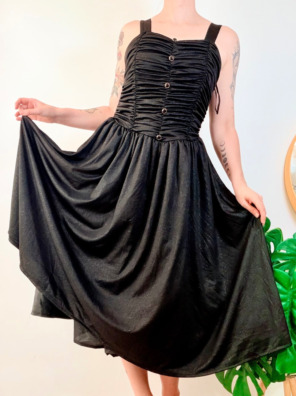 Vintage 1980s Party Dress Black Ruched Midi A Line with Button Front Size 10 12