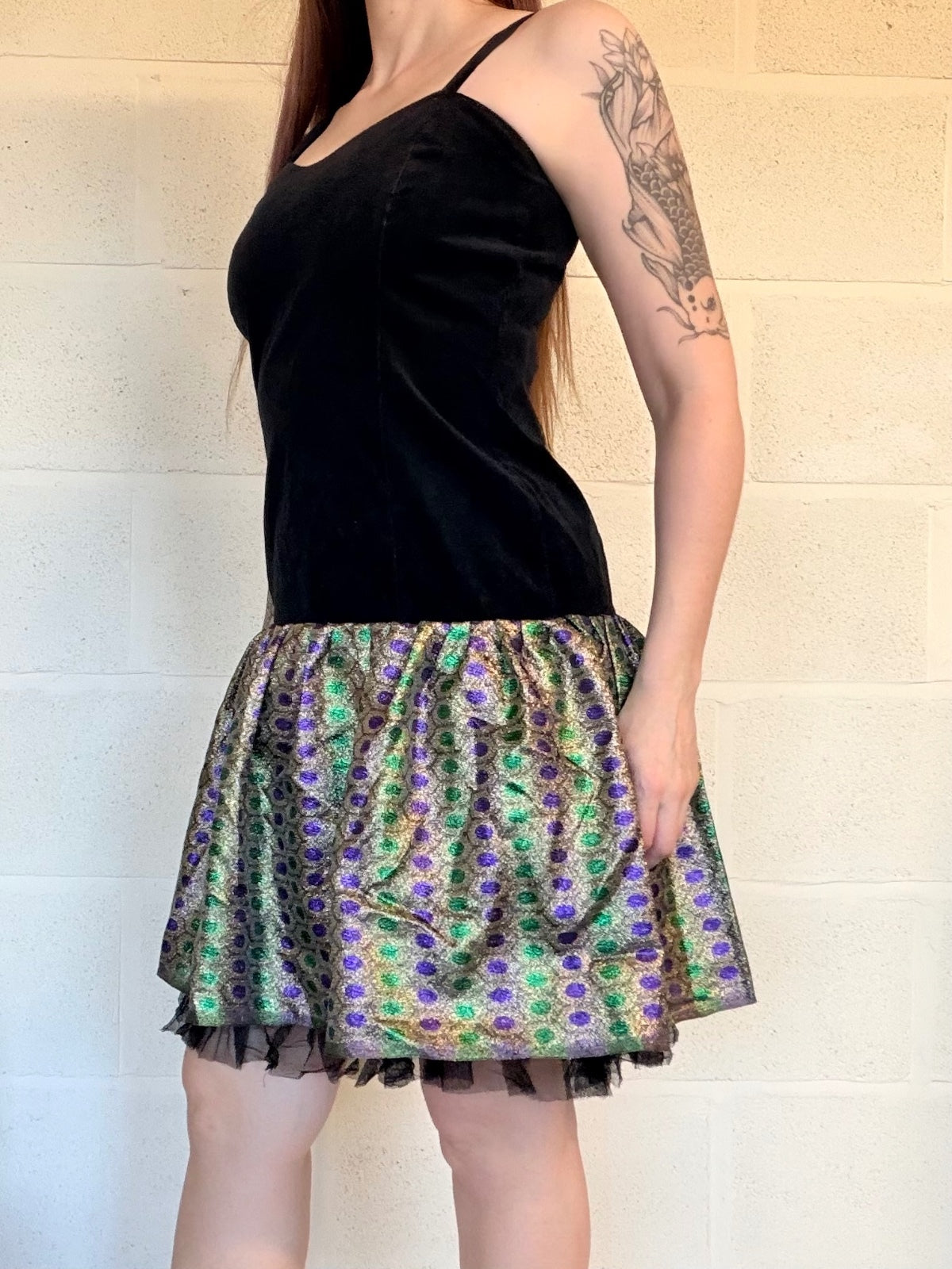 Vintage 1980s Party Dress Black Velvet with Patterned Skirt Dress Size 12