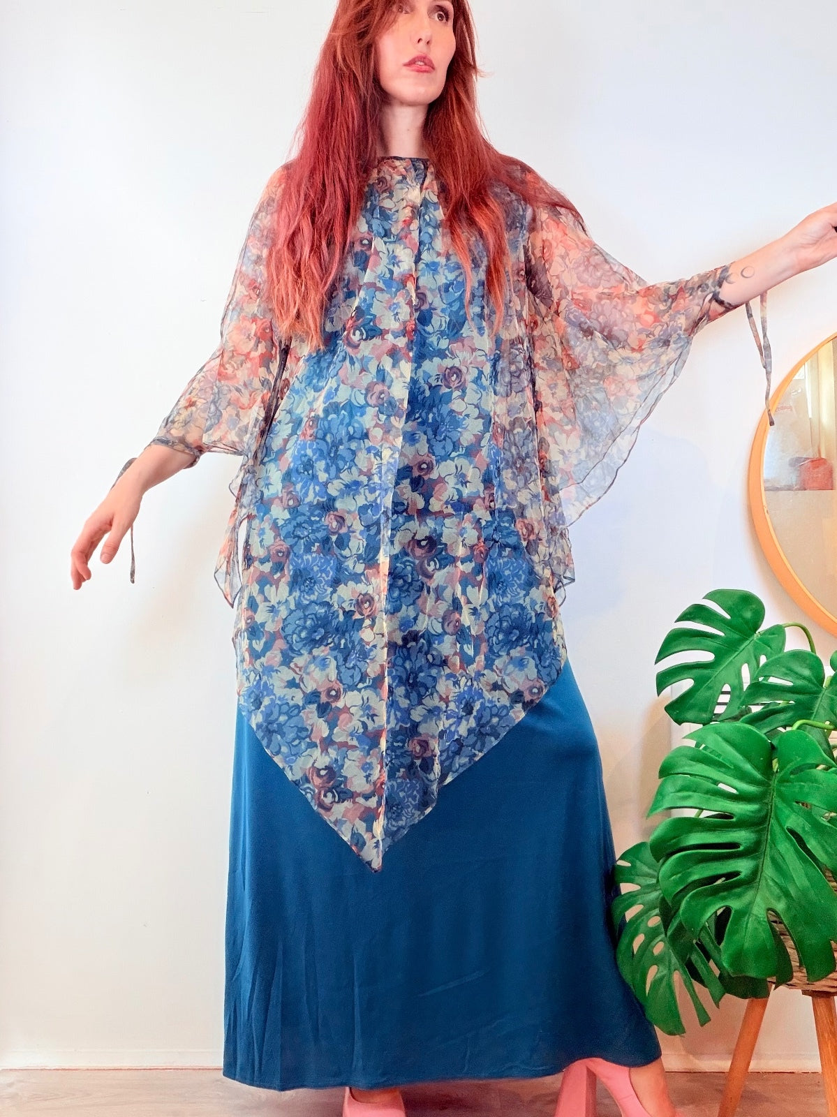 Vintage 1970s Maxi Dress With Flared Sleeves and Floaty Cape Hippie Boho Size 14