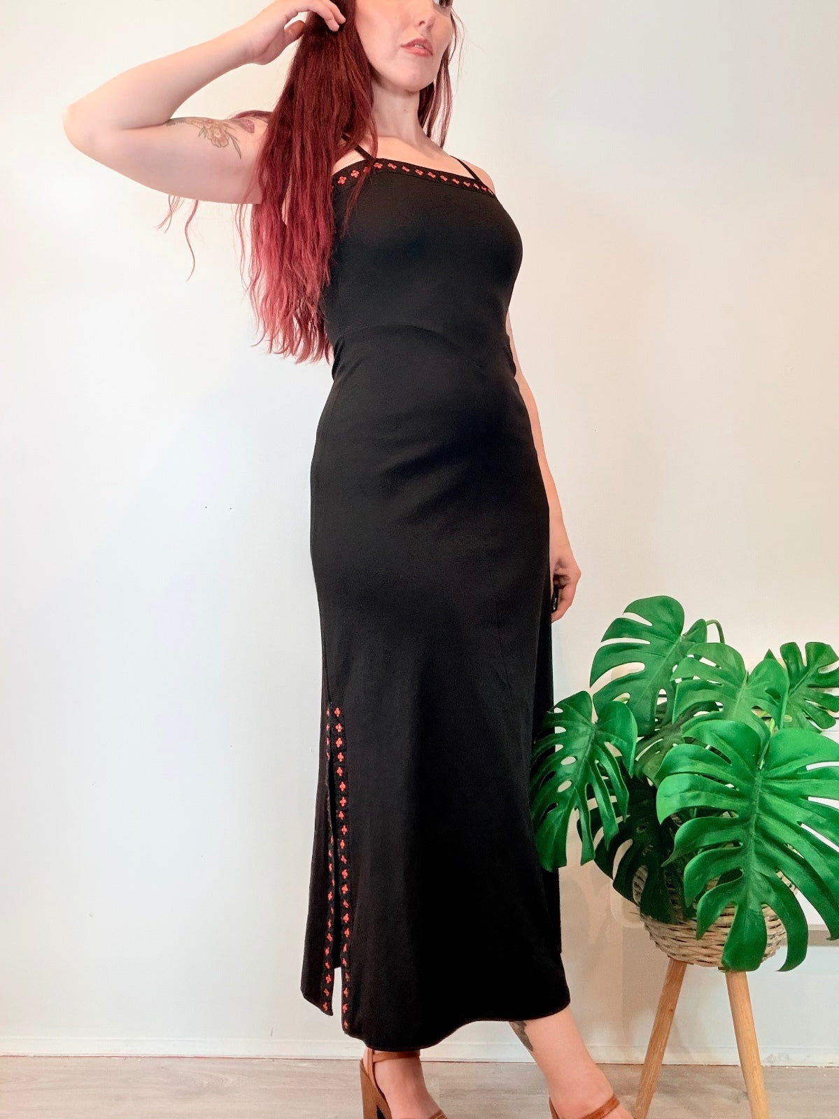 Vintage 1970s Maxi Dress with Red Embroidered Trim and Side Slits Size 8