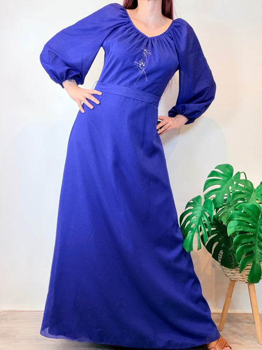 Vintage 1970s Maxi Dress Blue with Balloon Sleeves and Embellishment Size 12