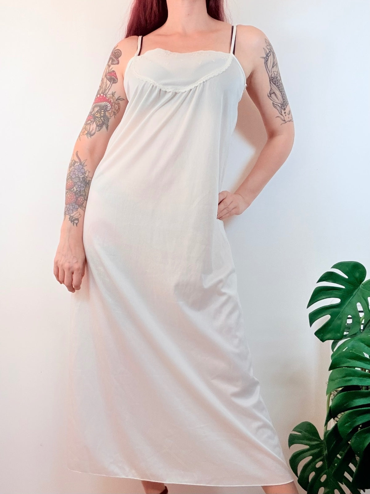 Vintage Cream Slip Dress Long Babydoll Night Dress with Delicate Lace Size 12