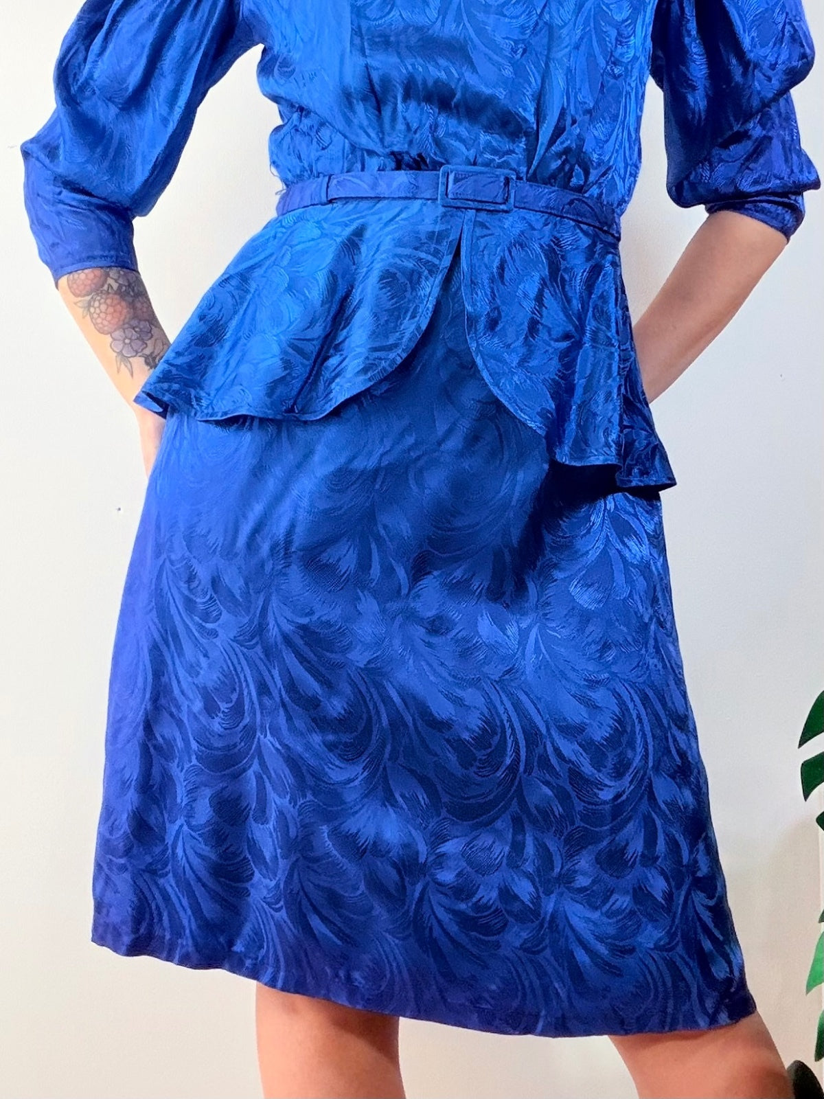 Vintage 1980s Peplum Dress with Retro Puff Sleeves and Belt Blue Size 12