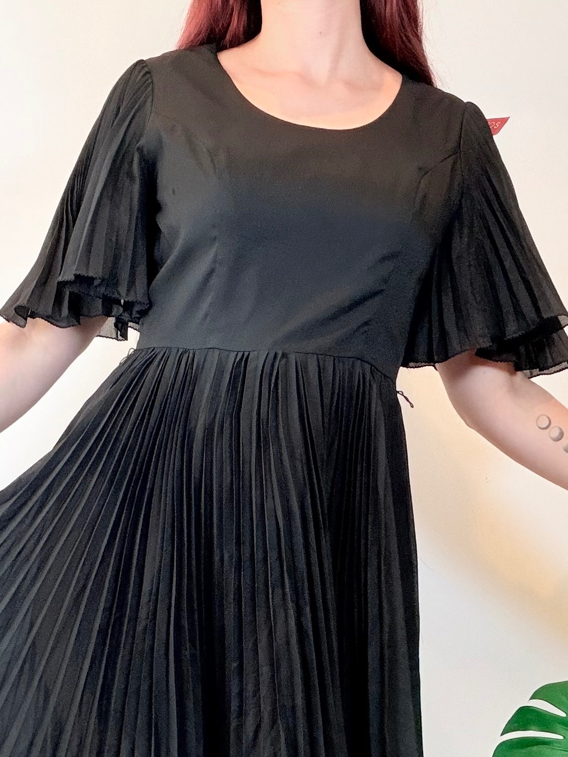 Vintage Day Dress Black Pleated Midi Dress with Flared Sleeves Size 12