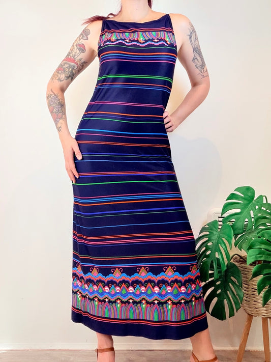 Vintage 1970s Maxi Dress Blue with Stripes and Psychedelic Pattern Size 12