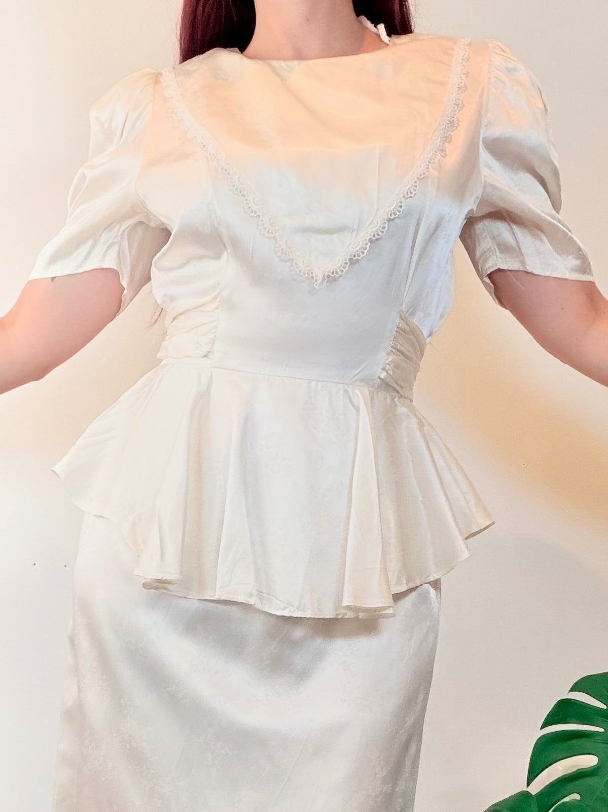 Vintage 1980s Cocktail Dress Cream Satin Peplum Dress with Bow Back Size 10