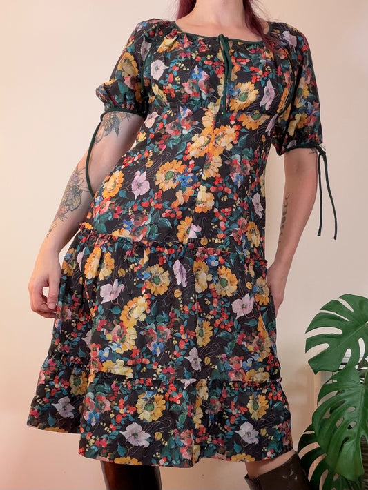 Vintage Floral Dress Puff Sleeve Midi Dress with Tiered Skirt Size 12