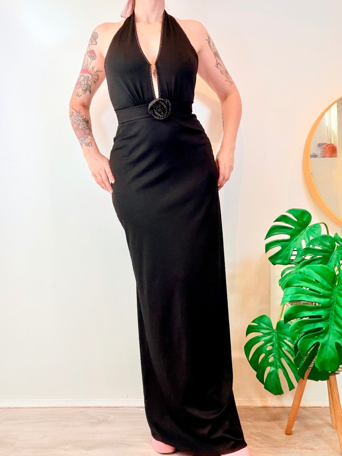 Vintage 1970s Cocktail dress Black Halter Neck Maxi with Rose Detail Size 6