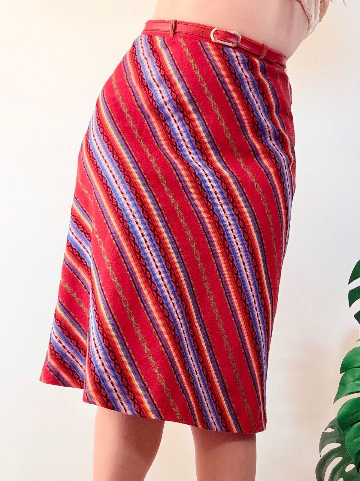 Vintage 1970s Office Skirt Red Striped Midi Skirt with Belt Size 10
