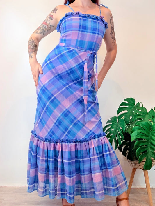 Vintage 1960s Prairie Dress Blue Pink Plaid Maxi Dress with Ruffles size 8 10