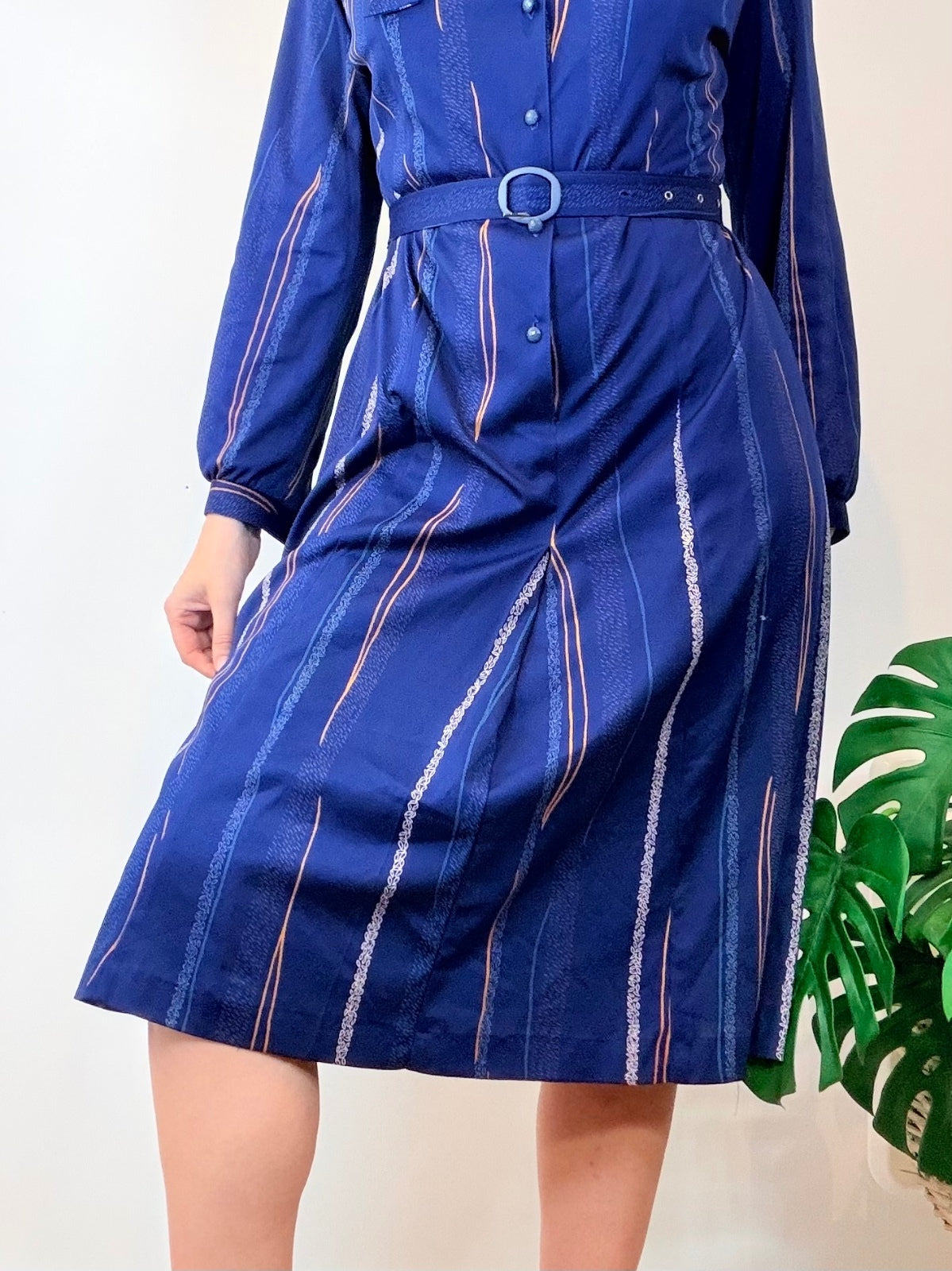 Vintage 1980s Shirt Dress Blue Belted Midi Dress with Bow Tie Collar Size 16