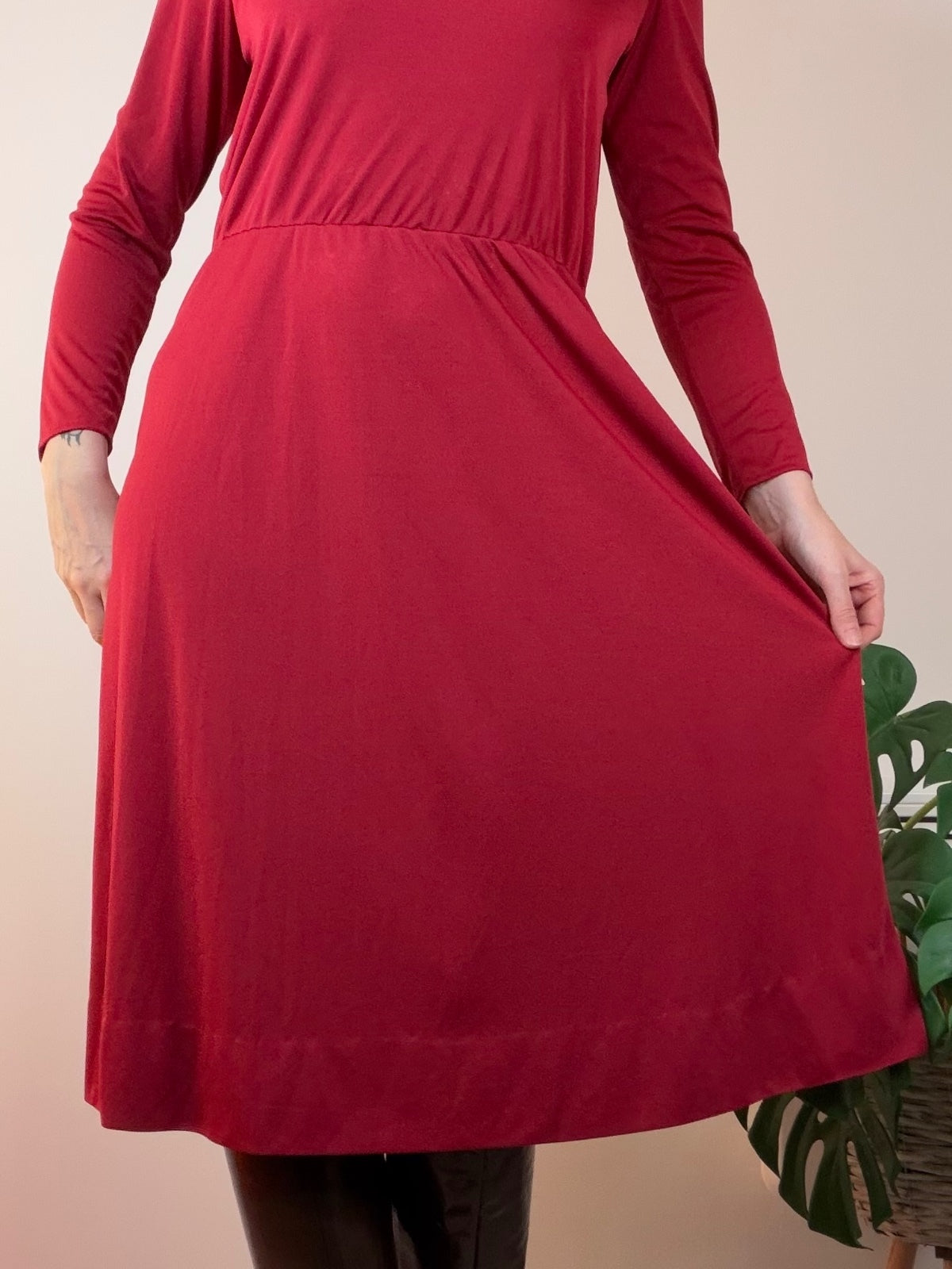 Vintage Red Midi Dress with Long Sleeves and Draped Neckline size 16