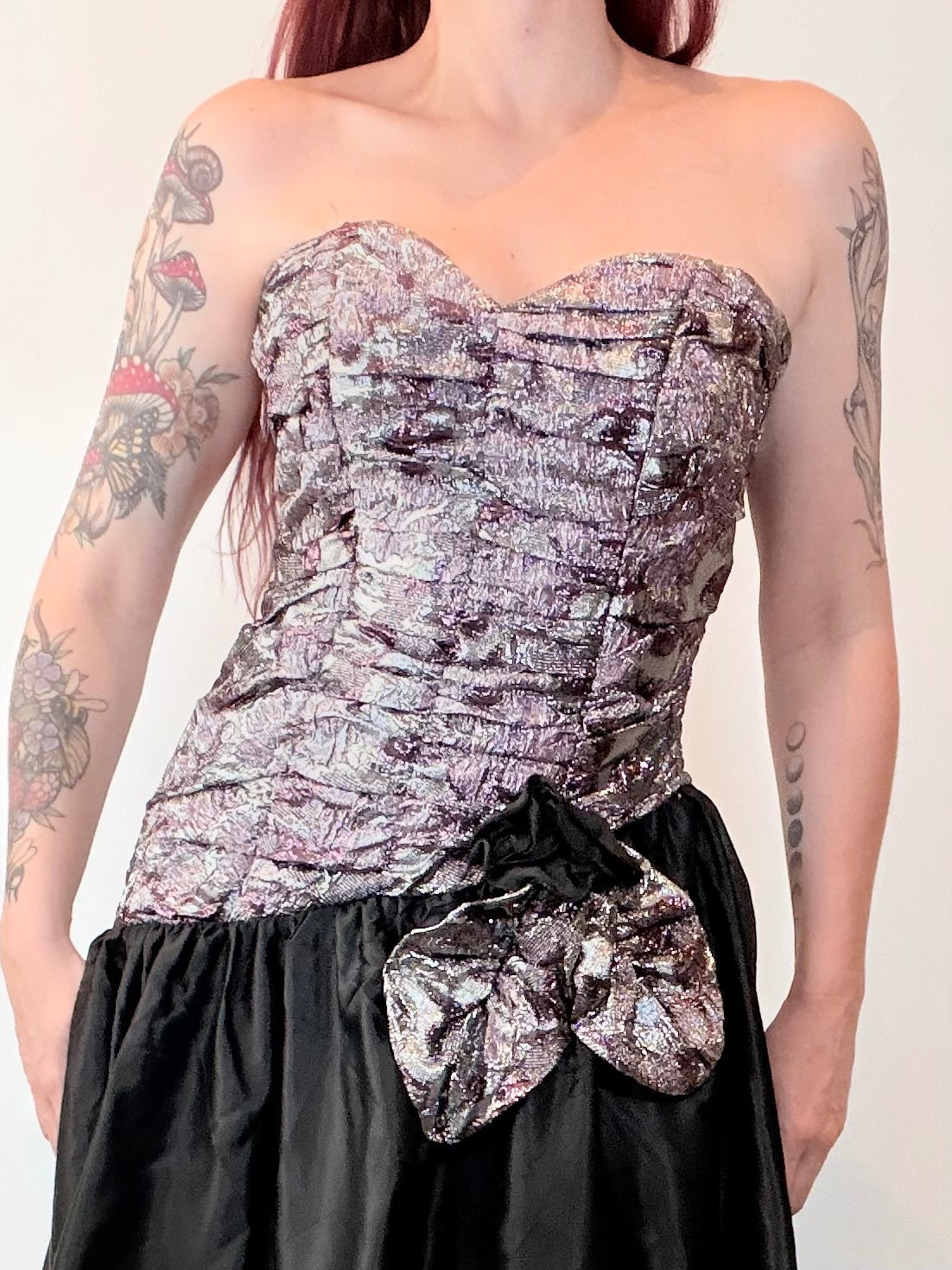 Vintage 1980s Party Dress Strapless Black and Purple with Bow Detail Size 8