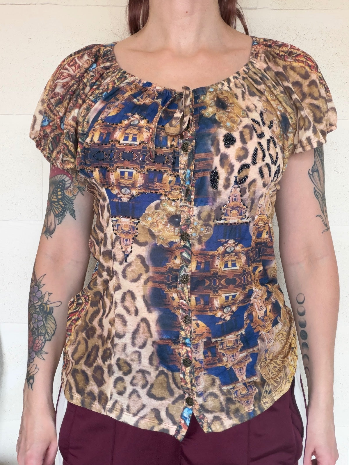 Vintage Y2k beaded top Alberto Makali Short Sleeve animal print button tshirt L