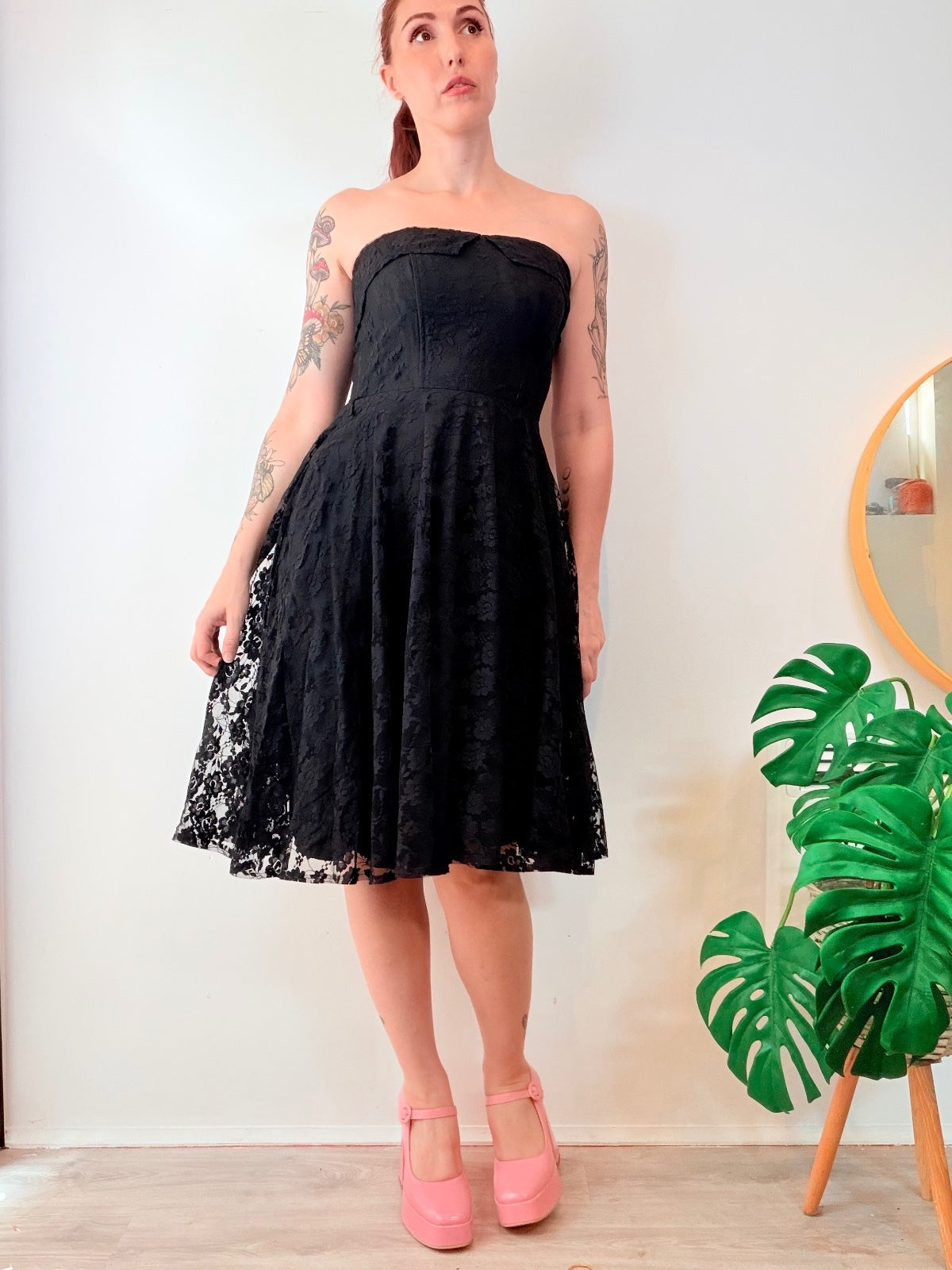Vintage 1980s Party Dress Strapless Black Lace with Flared Skirt Size 8