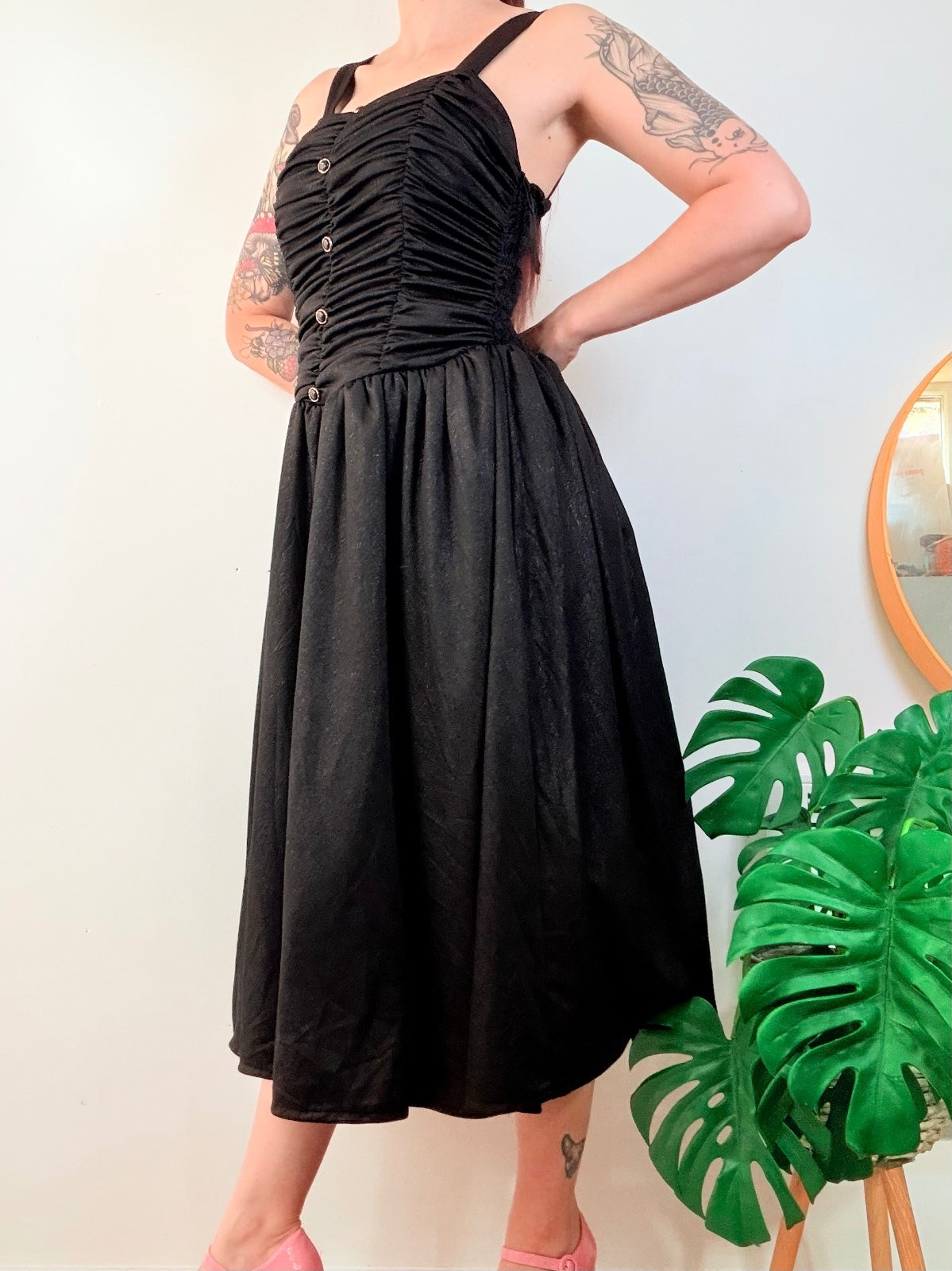 Vintage 1980s Party Dress Black Ruched Midi A Line with Button Front Size 10 12