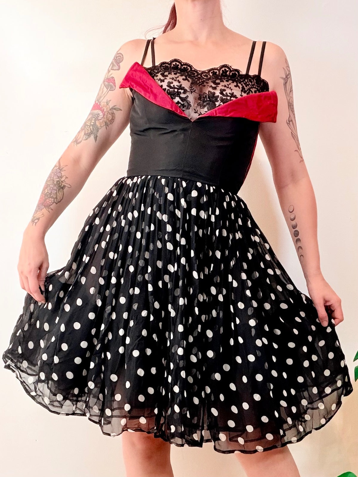 Vintage 1980s Party Dress Black Polka Dot 1950s Style Rockabilly Lace Size 8