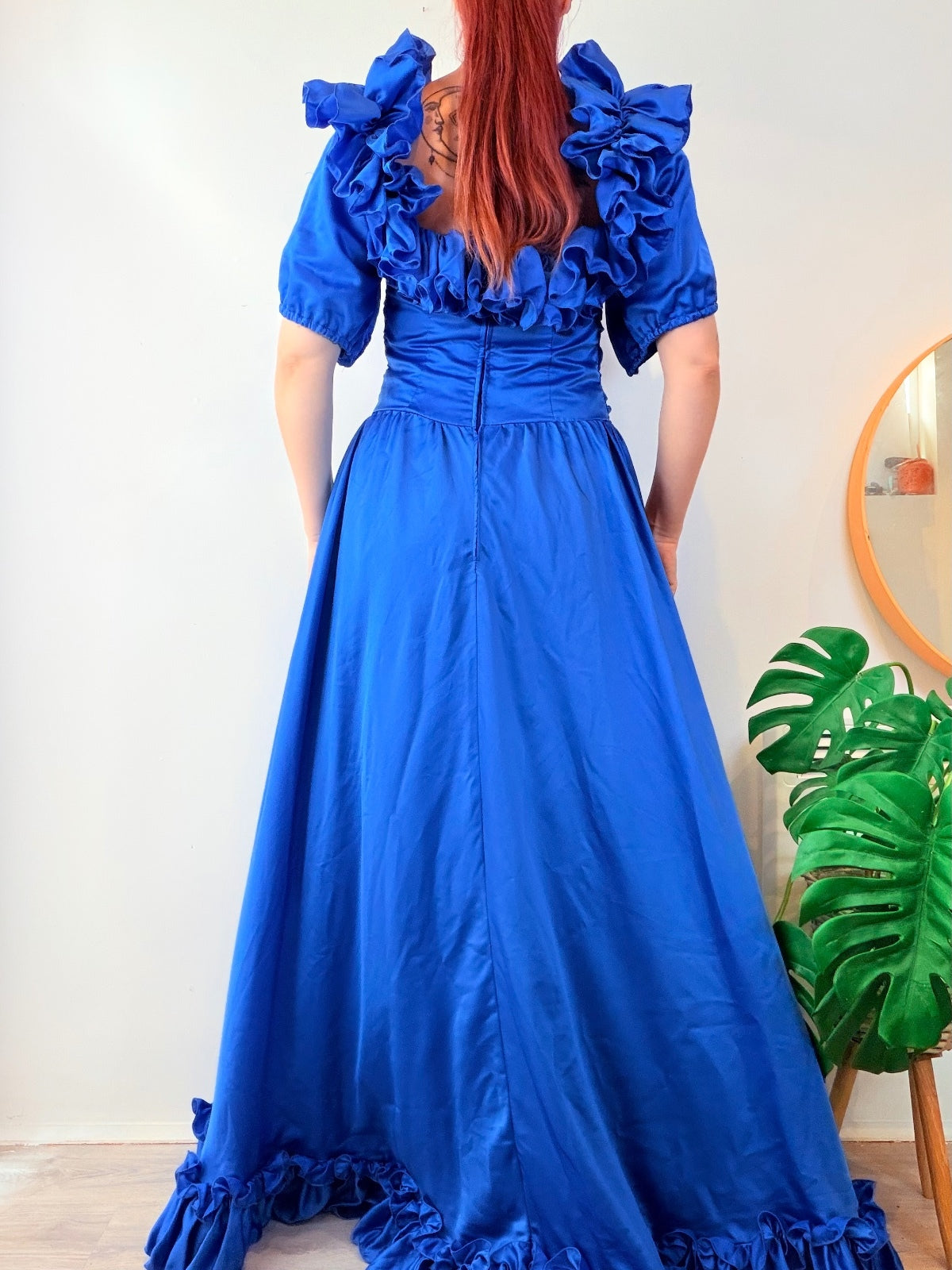 Vintage 1980s Ball Gown Evening Ruffled Maxi Dress with Puff Sleeves Size 12
