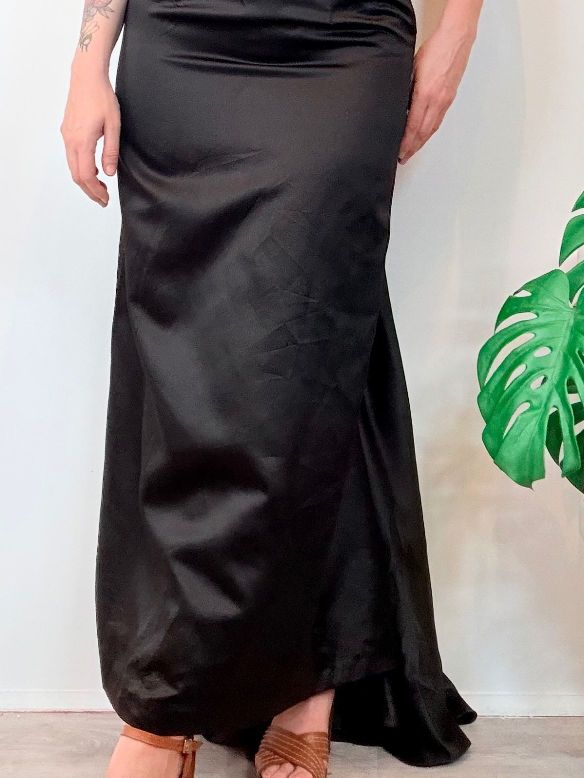 Vintage Y2K Prom Dress Strapless Black Satin Evening Gown with Train Size 8