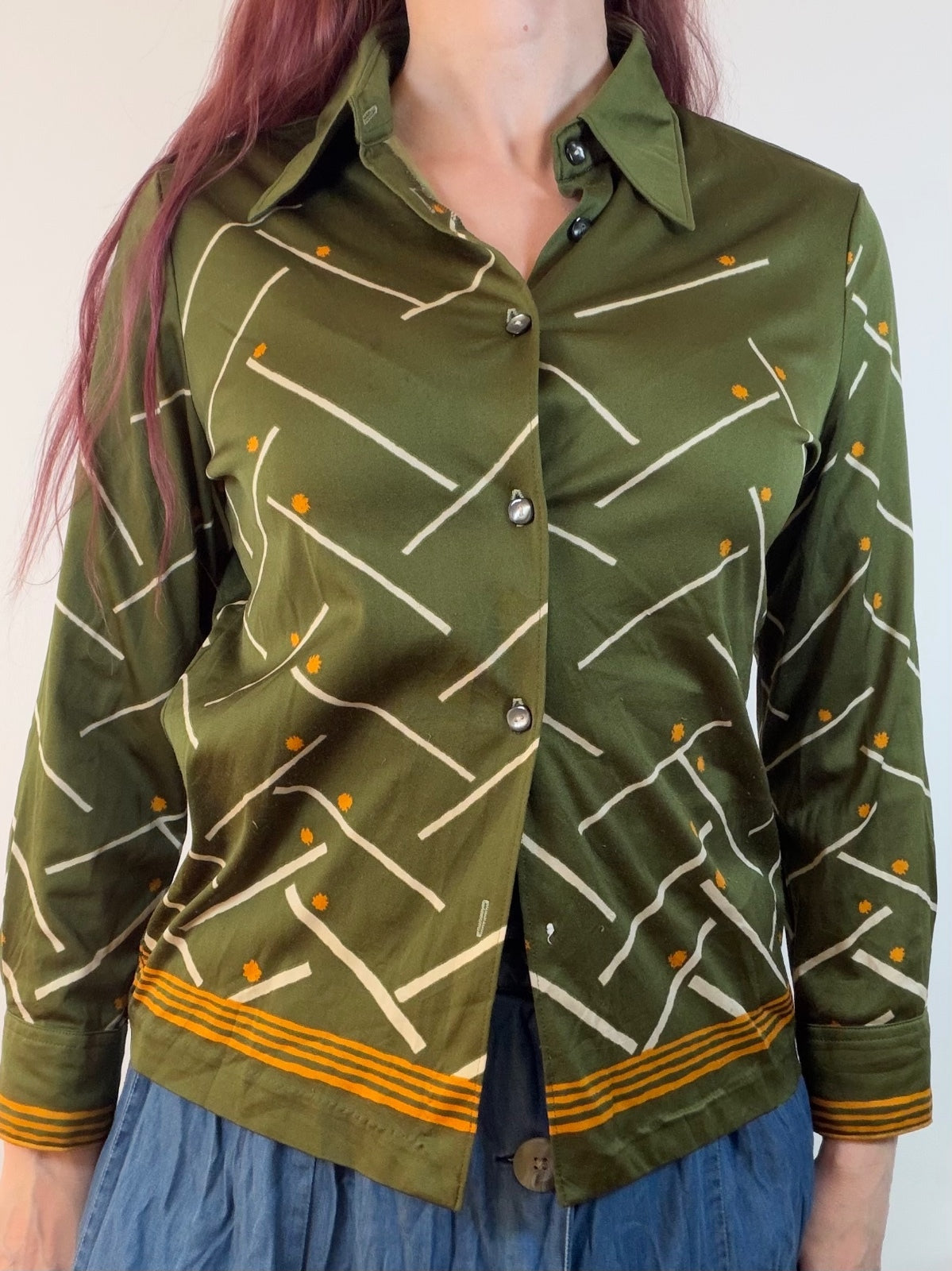Vintage 1970s Retro Blouse Olive Green Shirt with Geometric Pattern Size 12 14