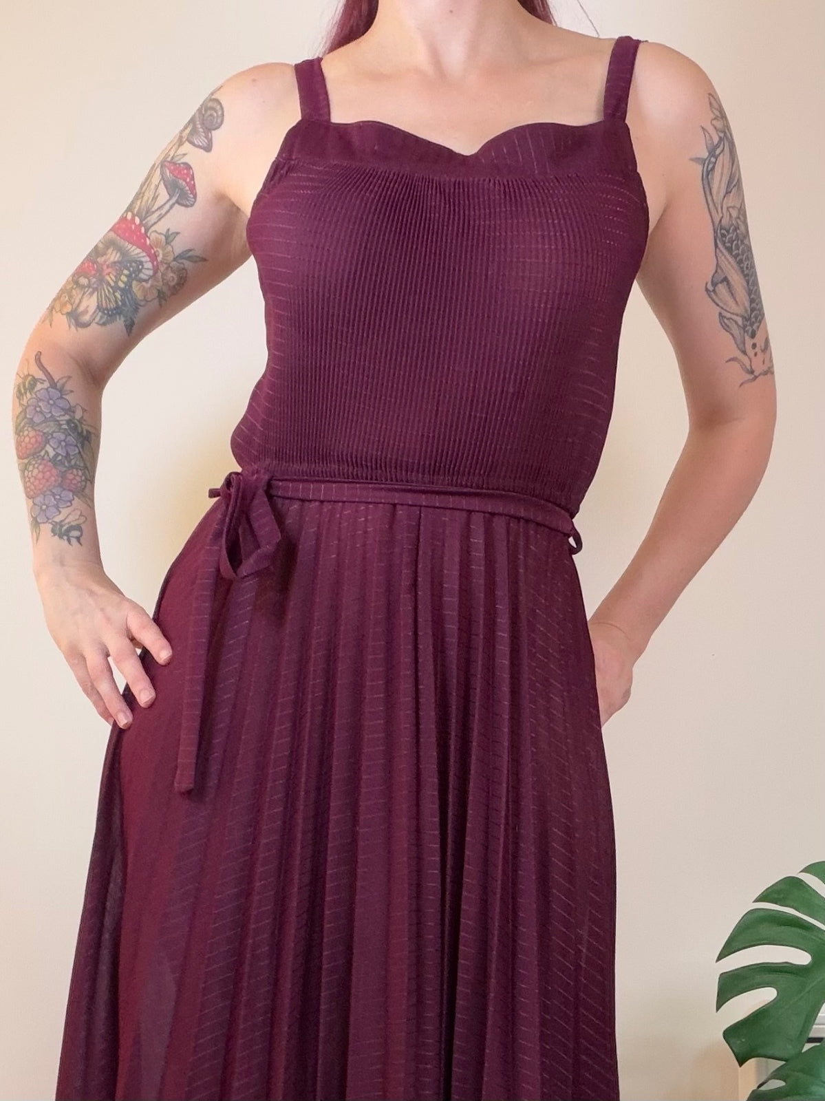 Vintage 1070s Maxi Dress Sheer Burgundy long Dress with Pleated Skirt Size 12 14