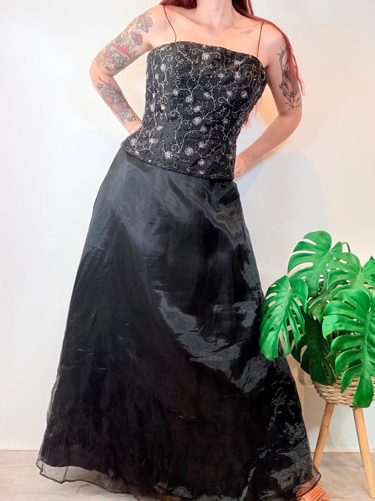 Vintage 1990s Strapless Prom Dress Embroidered Bodice and Flowing Skirt Size 14