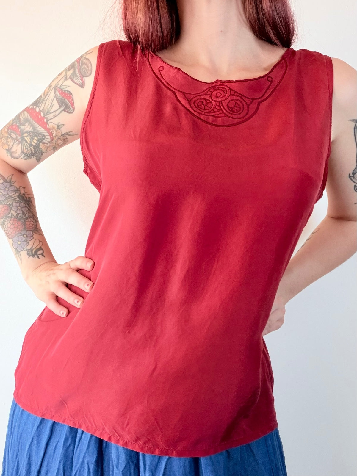 Vintage 1990s Silk Blouse Red Sleeveless Top with Embroidered Neckline Size 14