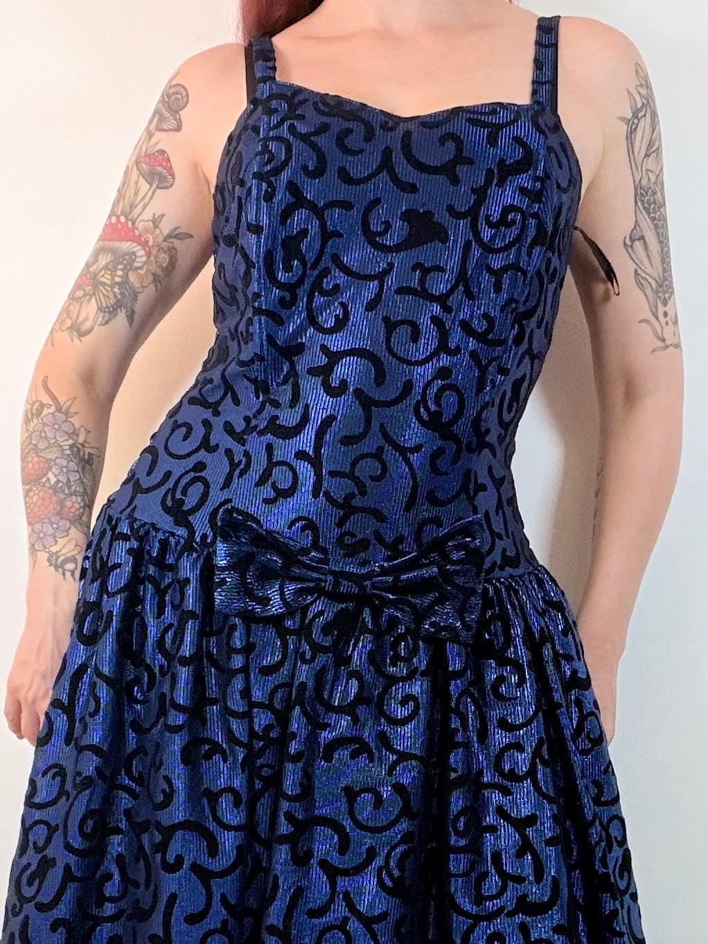 Vintage 1980s Party Dress Navy Blue Velvet Whimsigoth with Bow Detail Size 14
