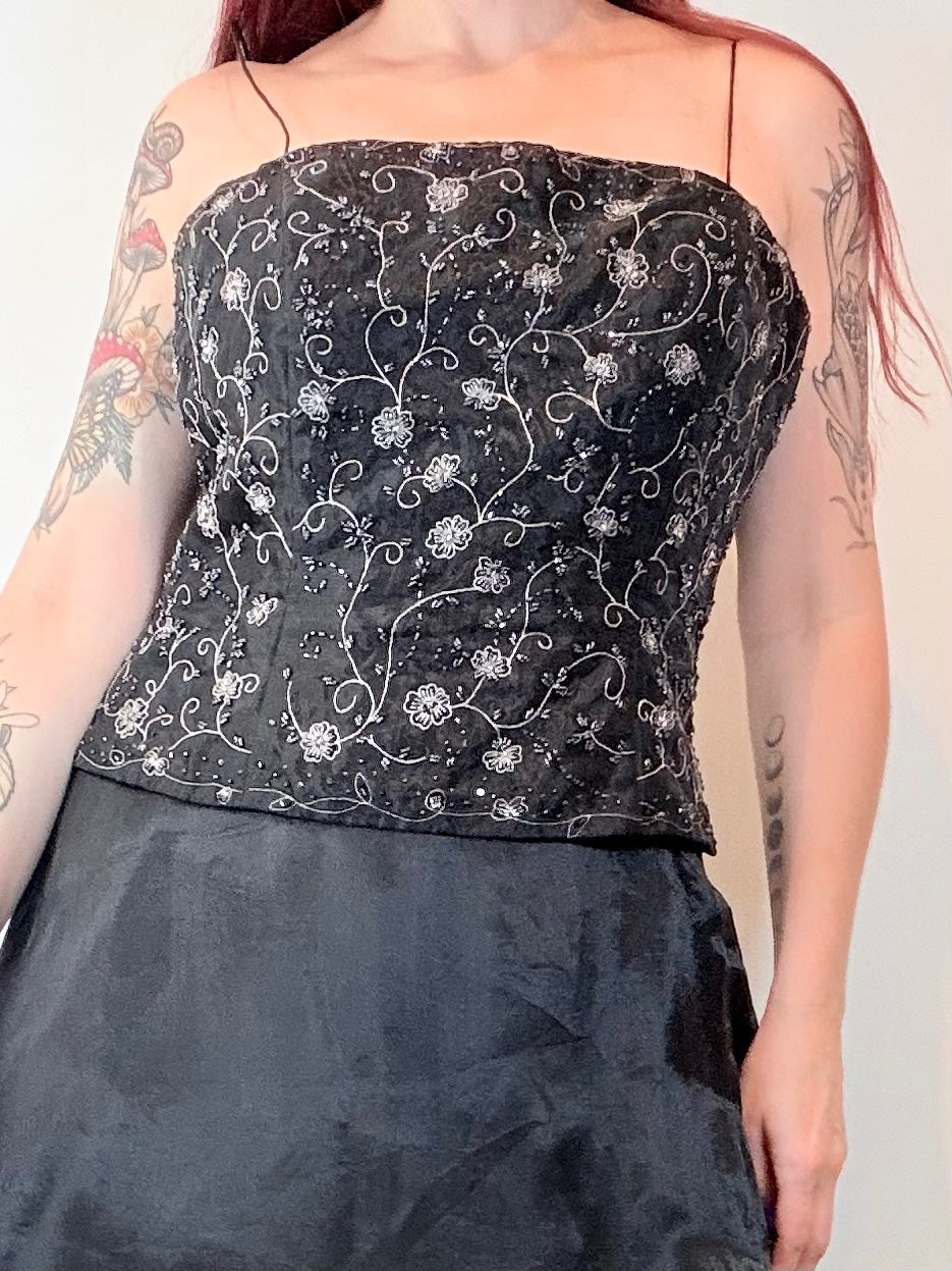 Vintage 1990s Strapless Prom Dress Embroidered Bodice and Flowing Skirt Size 14