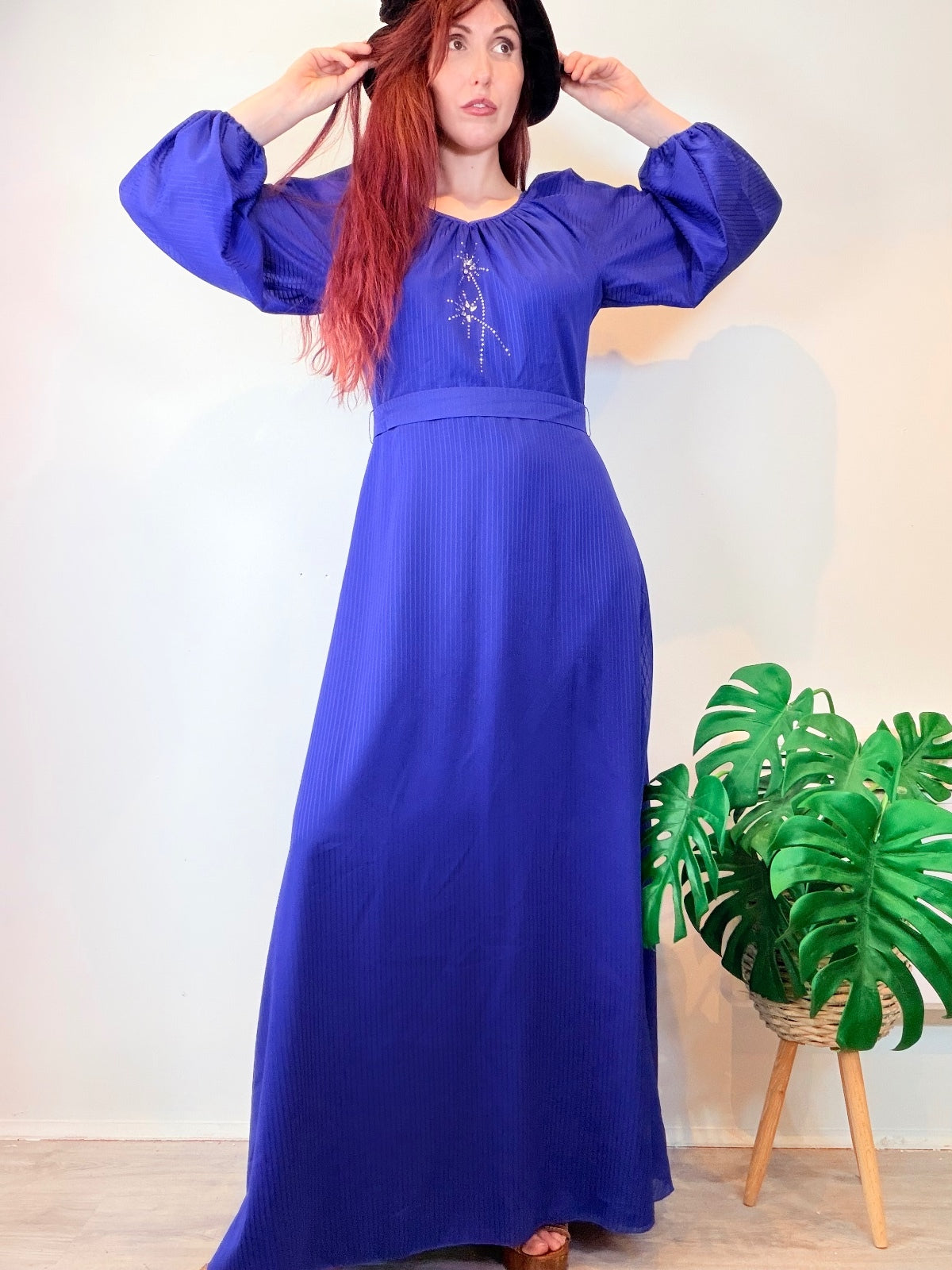 Vintage 1970s Maxi Dress Blue with Balloon Sleeves and Embellishment Size 12