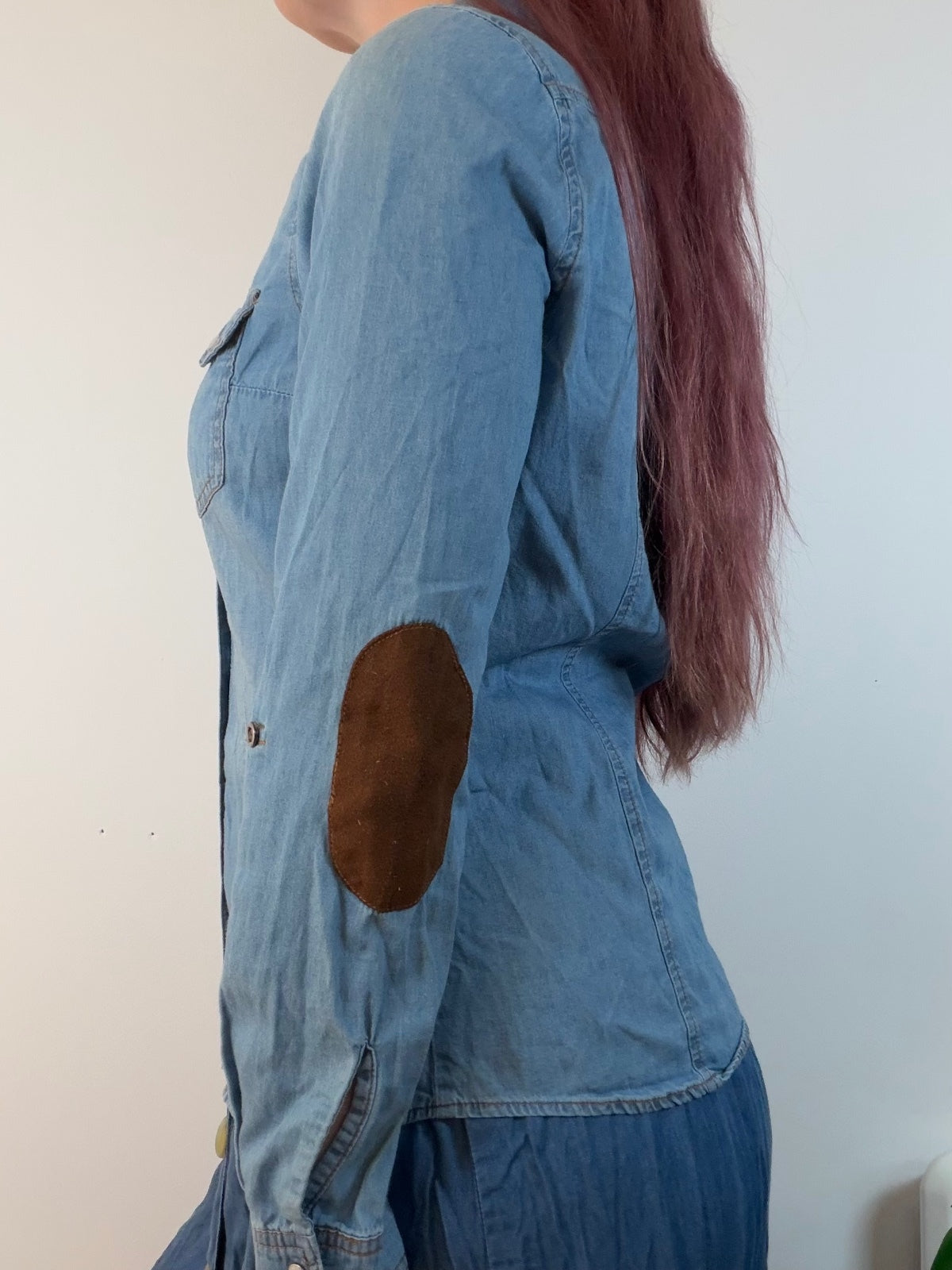 Vintage Fitted Denim Shirt with Brown Elbow Patches Long Sleeve Size 12 to 14