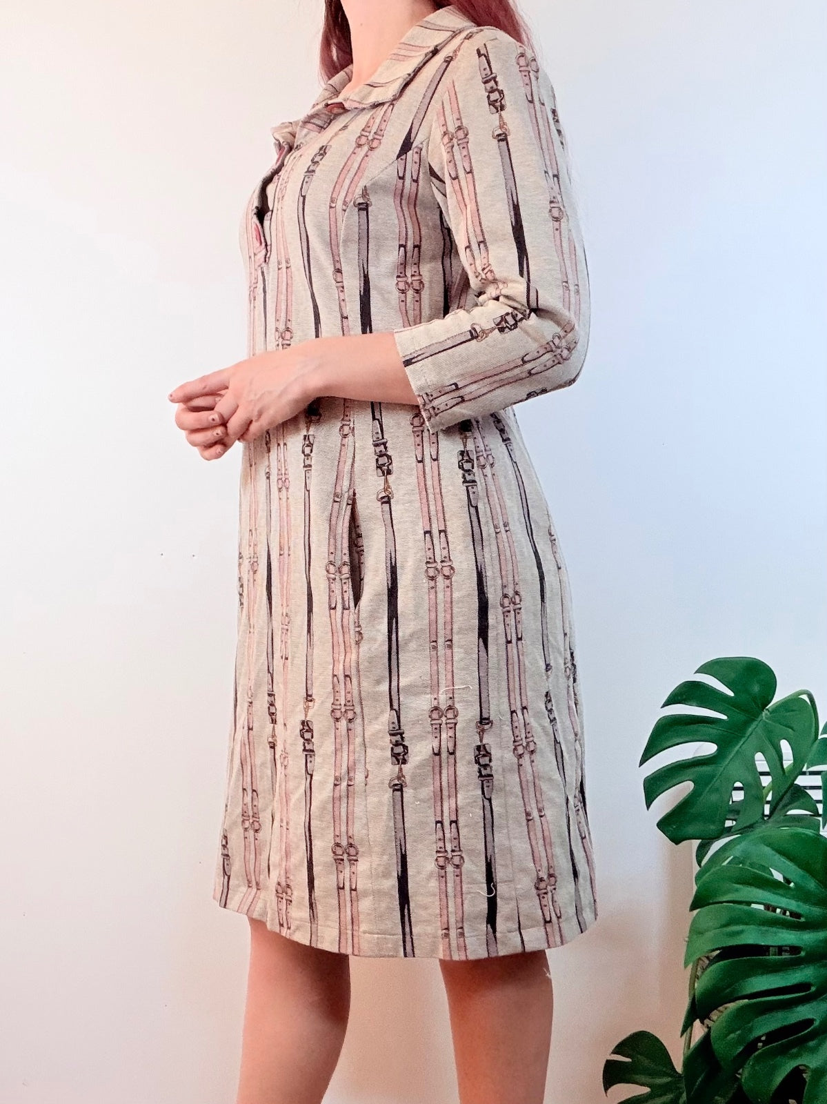Vintage 1960s Shirt Dress Beige Striped Dress with 3/4 Sleeves Size 16