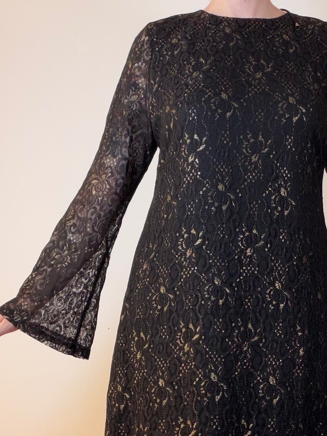 Lace Bell Sleeve Dress with Open Back Black Party Dress Size 14