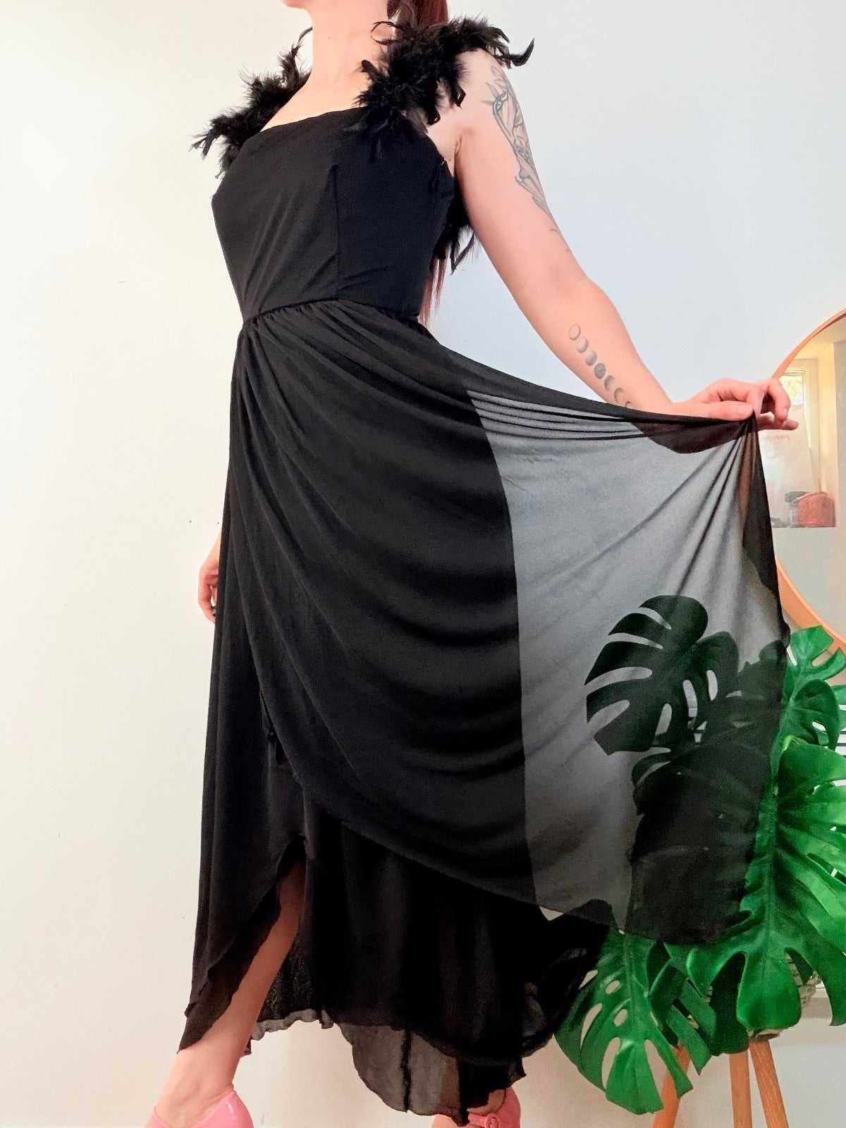 Vintage 1980s Cocktail Dress Black layered prom Maxi with Feather Detail size 10