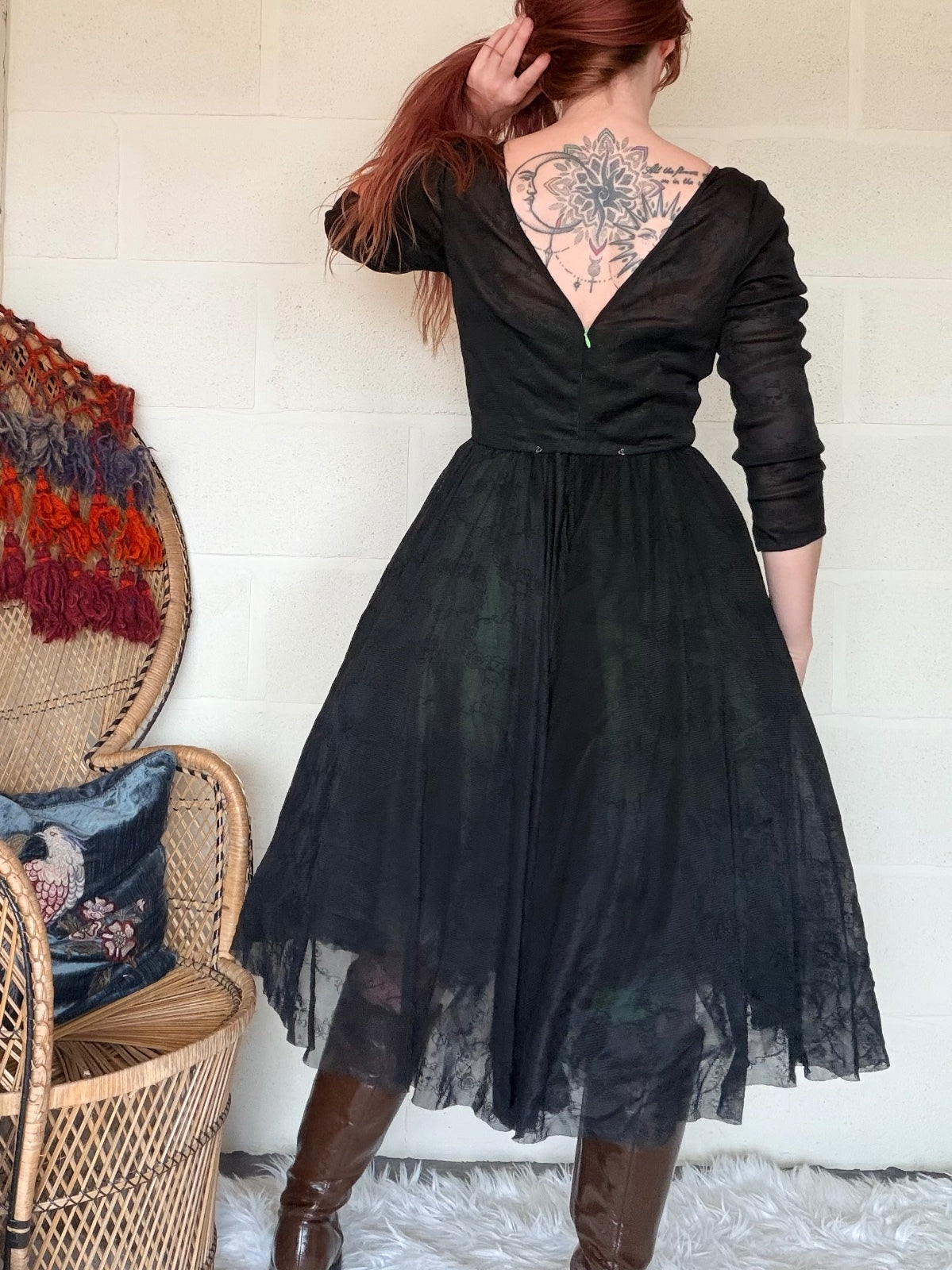 Vintage 1980s Party Dress Black Long Sleeve Midi Dress with Green Lining Size 10