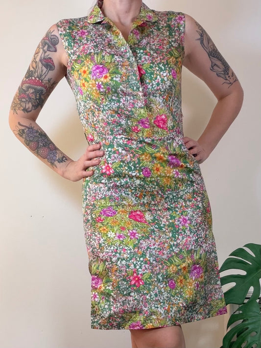 Vintage 1970s Floral Dress Sleeveless Collared Summer Fitted Dress Size 10
