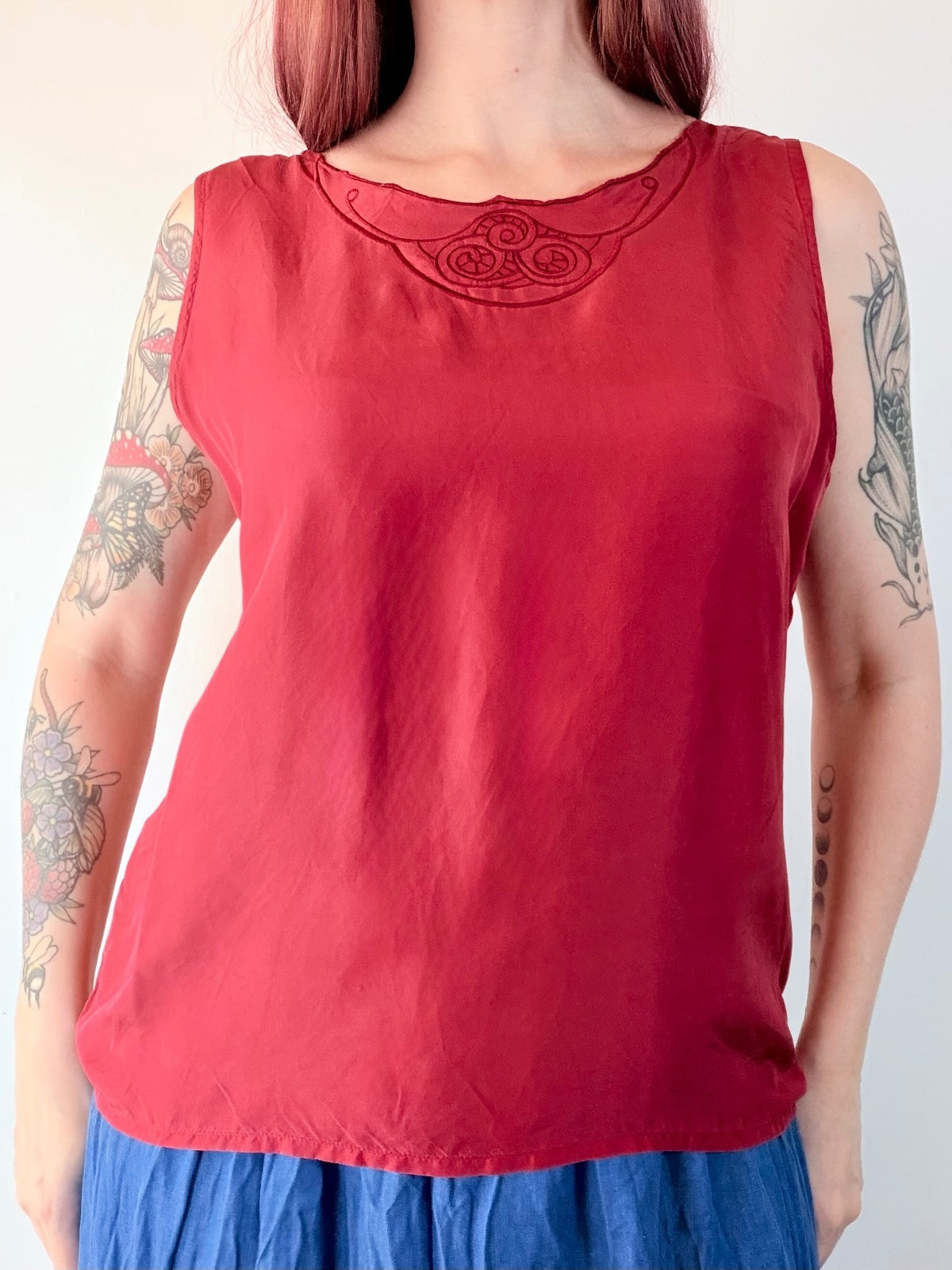 Vintage 1990s Silk Blouse Red Sleeveless Top with Embroidered Neckline Size 14