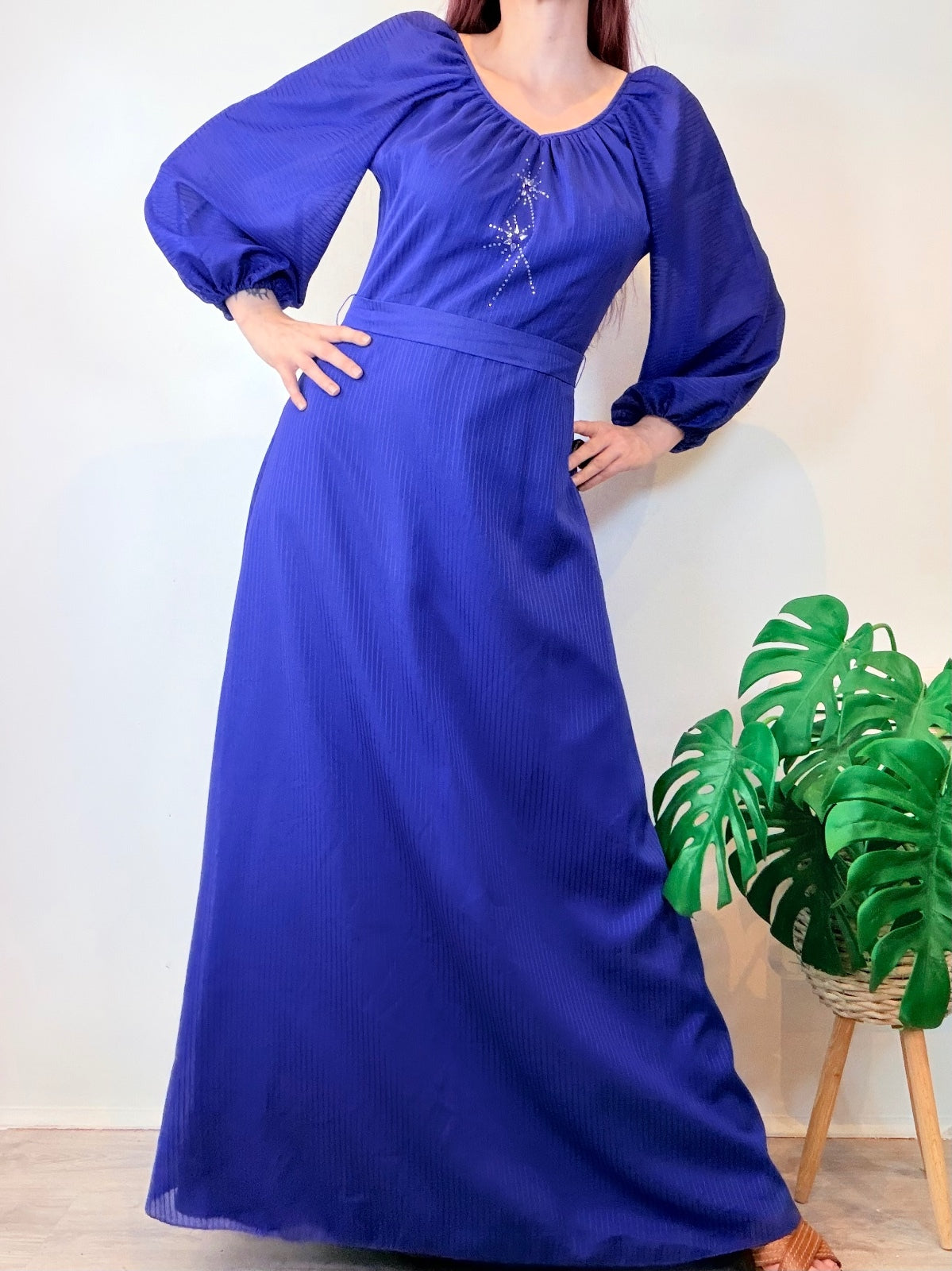 Vintage 1970s Maxi Dress Blue with Balloon Sleeves and Embellishment Size 12