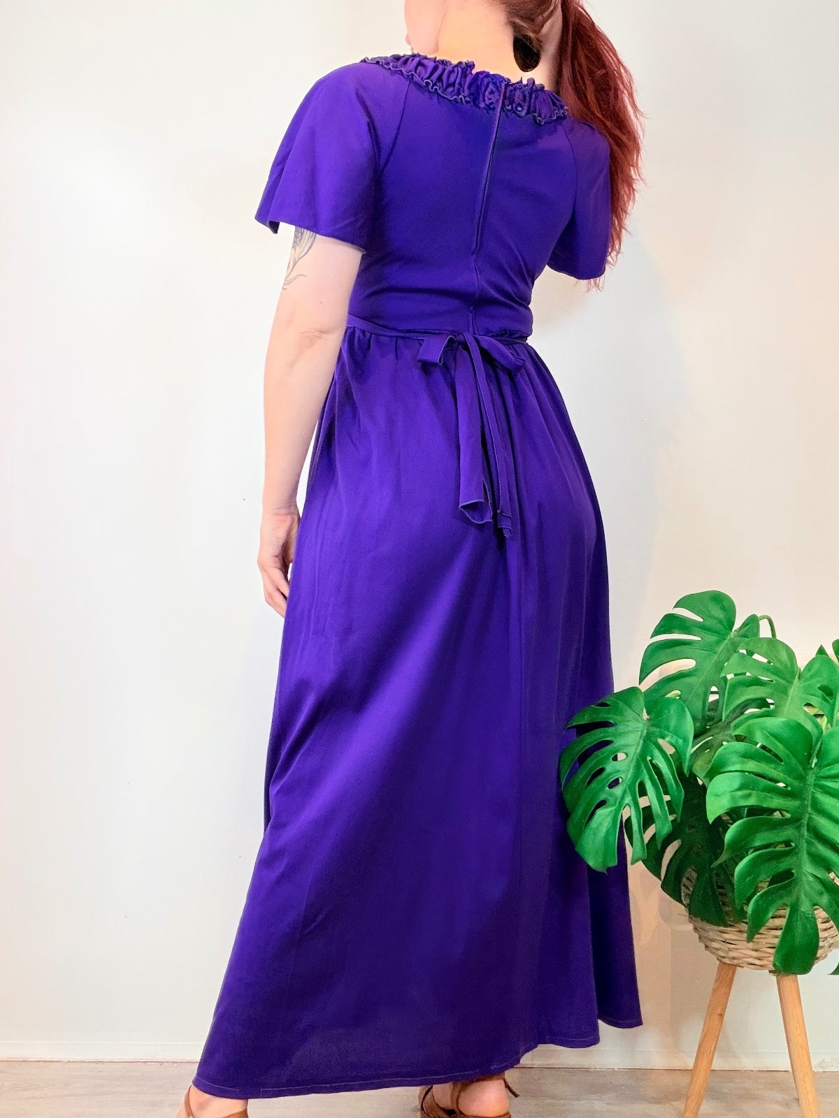 Vintage 1970s Maxi Dress Purple Ruffled Neckline and Flutter Sleeves Size 8