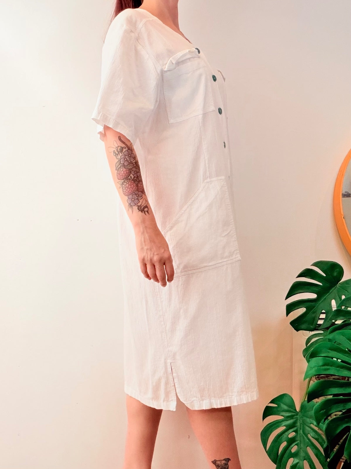 Vintage 1980s shirt Dress White Button Front Midi With Pockets Size 16