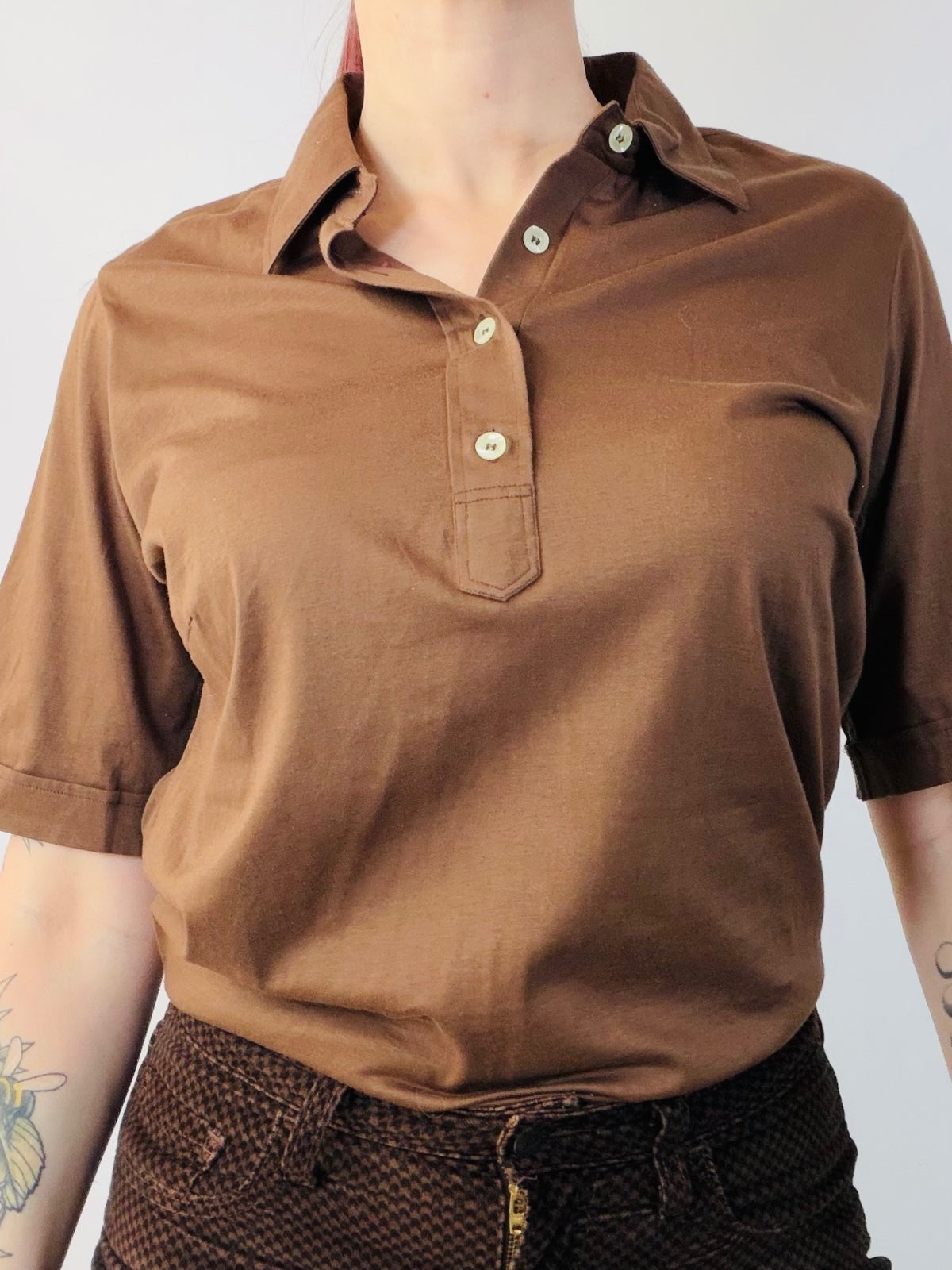 Vintage 1970s Polo Shirt Single Stitch Brown Retro Cotton T-shirt Size 14 to 16