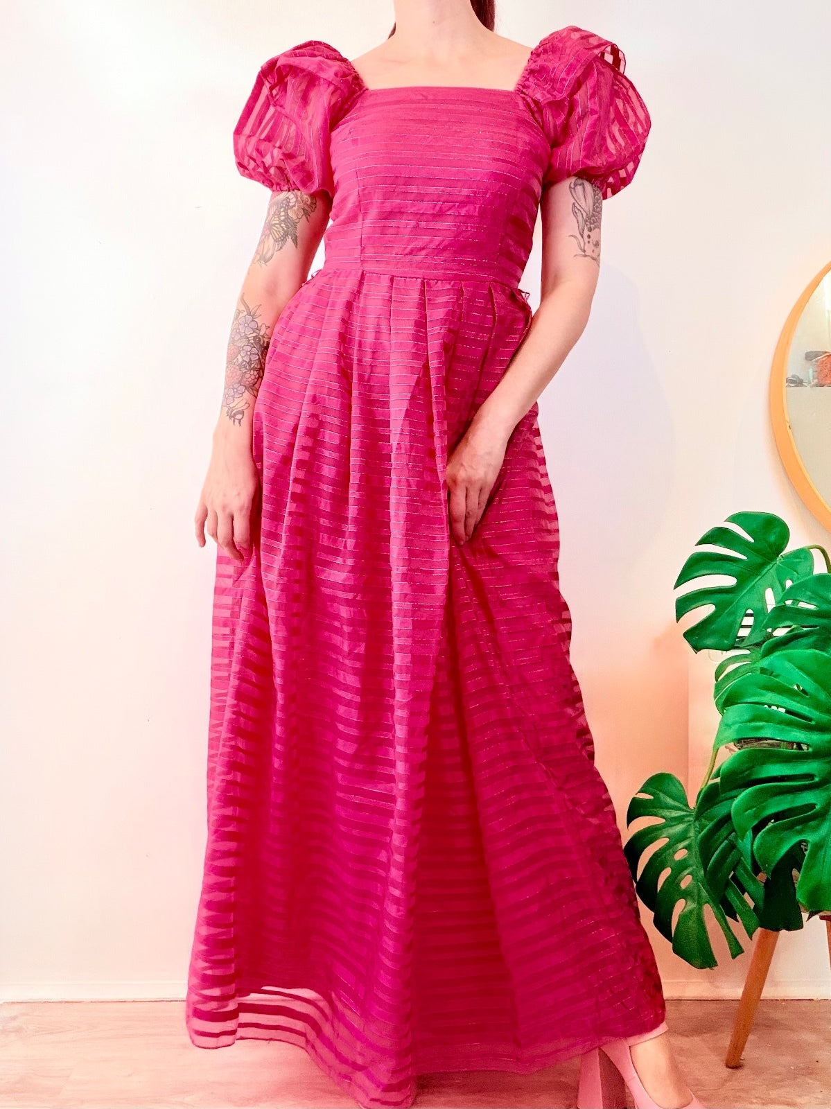 Vintage 1980s Maxi Dress Long Striped Prairie Dress With Puff Sleeves Size 10
