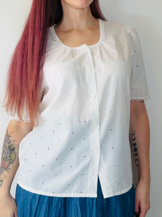Vintage White Cottagecore Blouse Broderie Anglaise Lace Trim Size 14